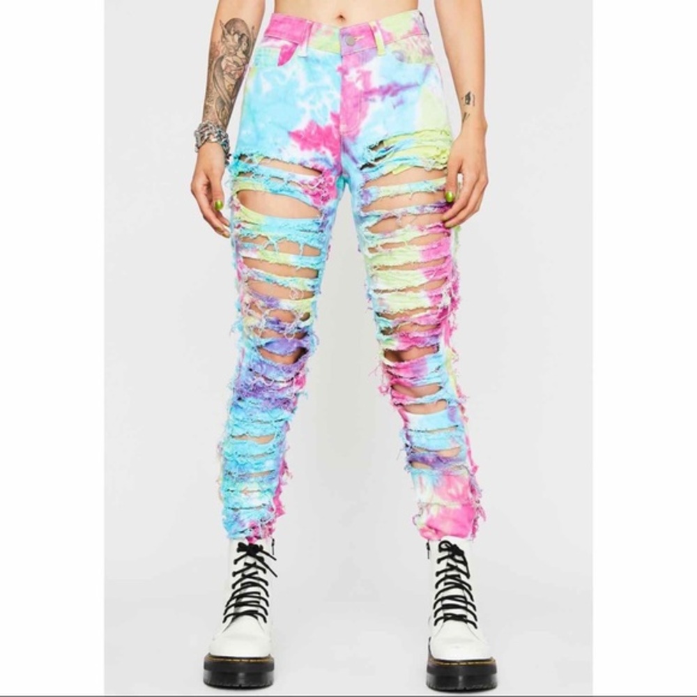 🆕 Tie Dye Rainbow Slashed Mom Jeans
